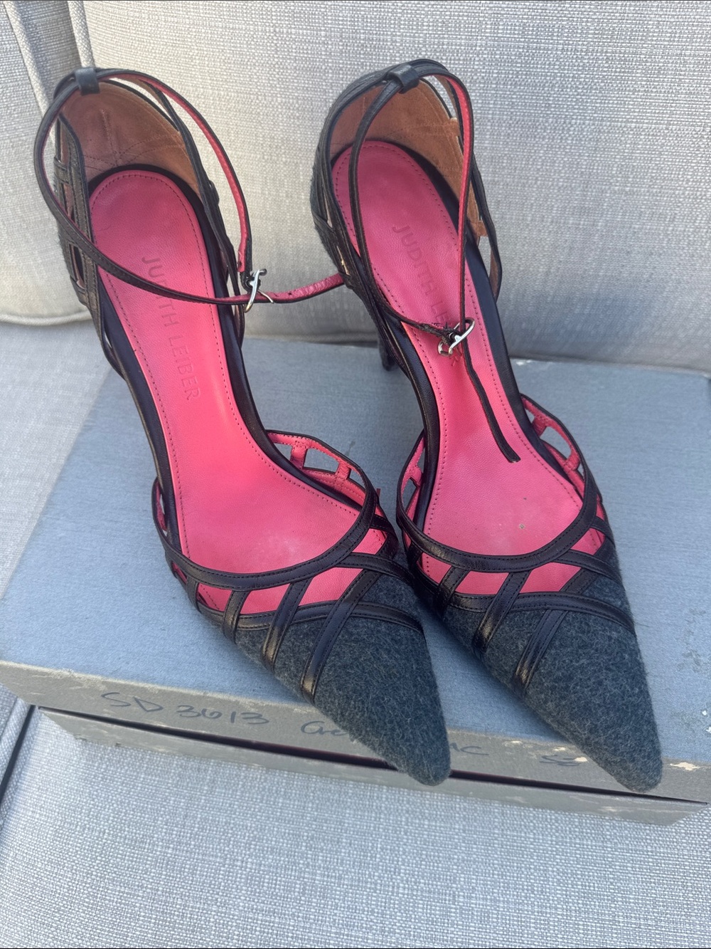 Judith Leiber Black Strappy Pointed-Toe Heels with Pink Insole